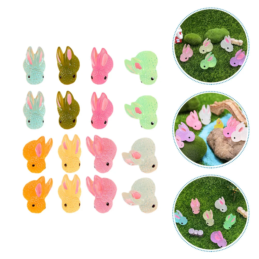 16 Pcs Glow-in-the-dark Rabbit Animal Tabletop Miniature Statues Resin Micro Landscape Bunny