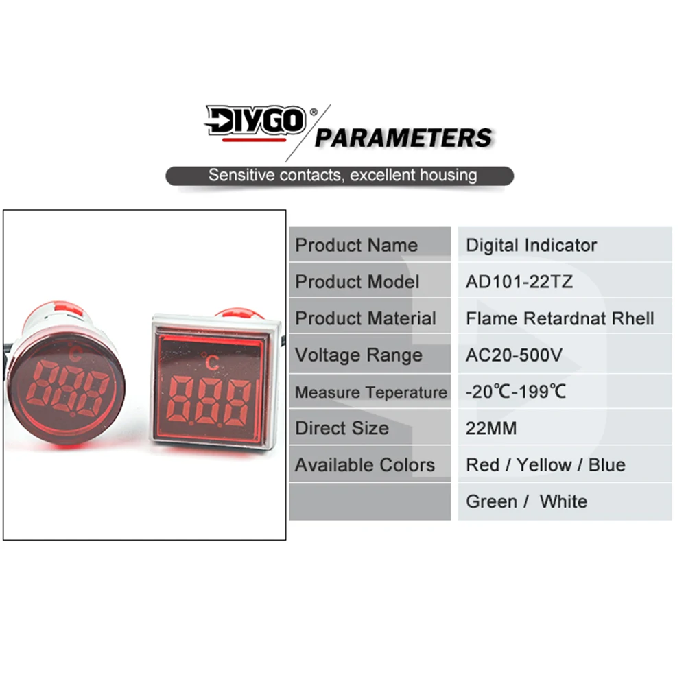 DIY GO 22mm okrągły/kwadratowy cyfrowy wyświetlacz LED termometr miernik sygnał świetlny tester temperatury mierniki-20-199 stopni Celsjusza AC