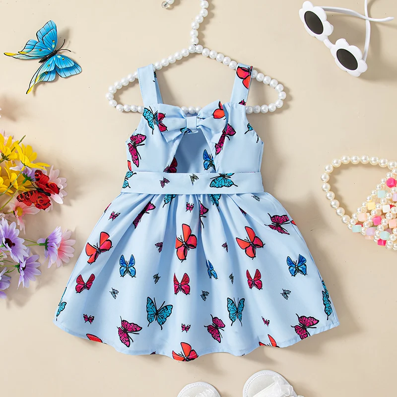 Summer New Butterfly Bow Baby Girl Dress, Korean Style Children\'S Sleeveless Clothes With Hair Straps (6 Months -3 Years Old)