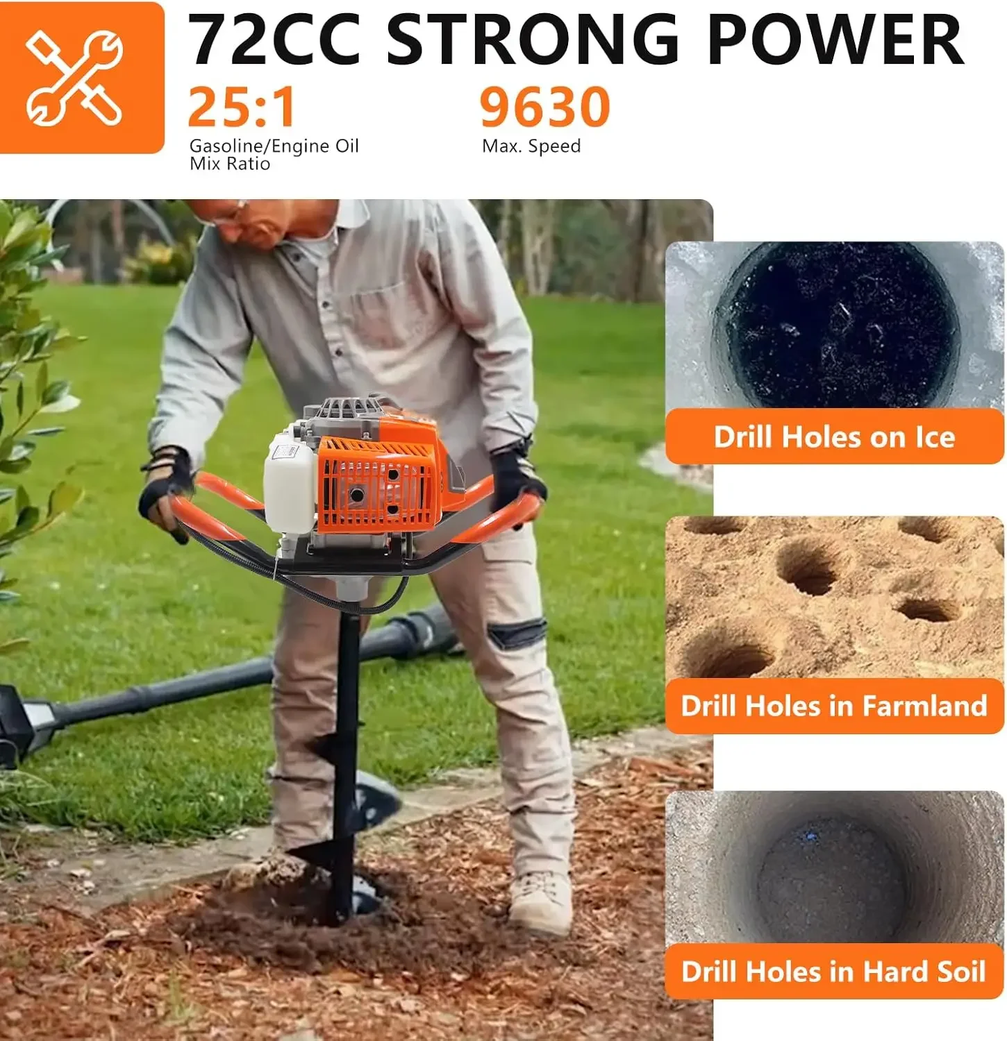 72CC Auger Post Hole Digger, 2 Stroke Gas Powered Earth Post Hole Digger with 2 Auger Drill Bits(6