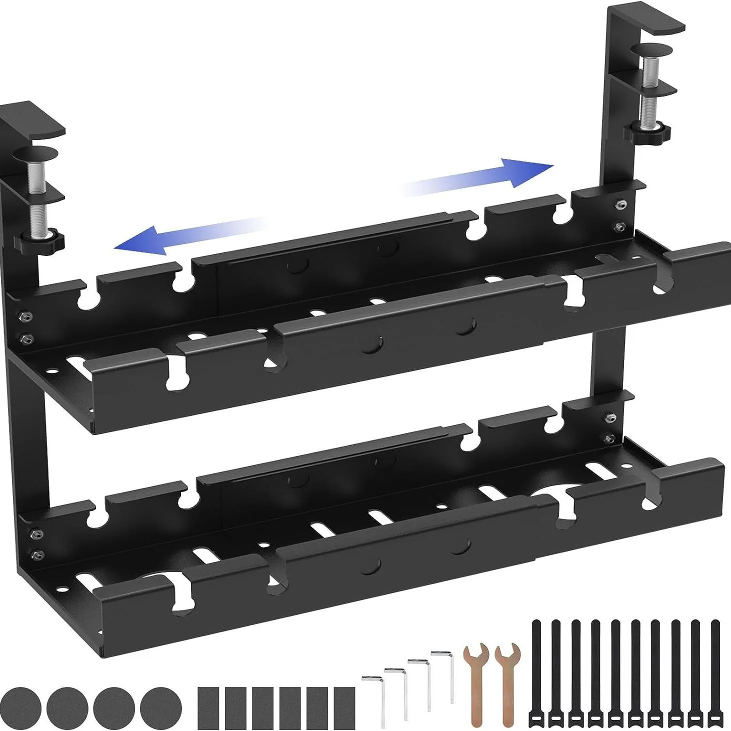Double Layer Under Desk Cable Management Rack Retractable Carbon Steel No Drill Clamp Organizer Shelf for Power Strip Cable