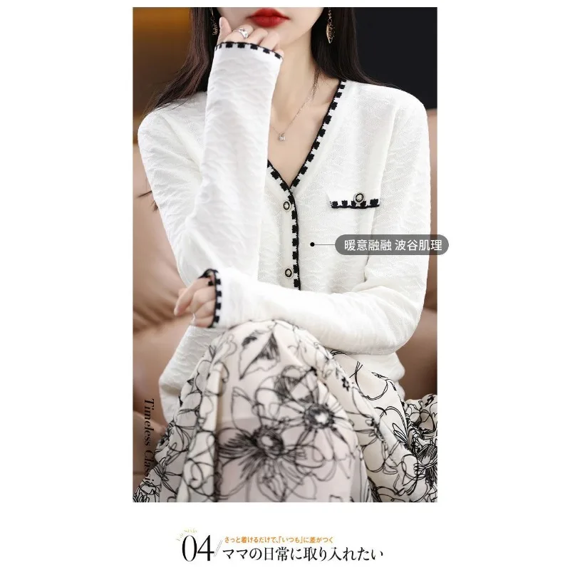 Chaqueta de punto de lana mercerizada para mujer, cárdigan nuevo de otoño, Top holgado con cuello en V, Top de manga larga con costuras contrastantes
