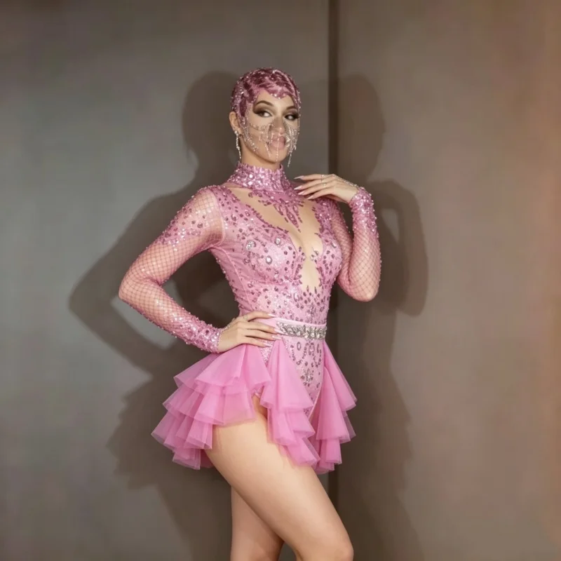 Women's Sparkly Rhinestones Bodysuit Elastic Mesh Crystal Leotard Pink Red Performance Stage Wear for Dancers Party Nightclub