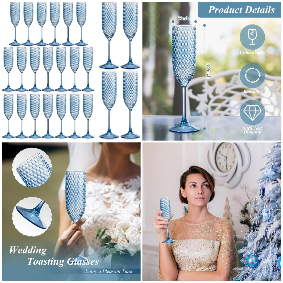 

24 упаковки винтажных светло-голубых пластиковых флейт для шампанского 5,5 унции, небьющиеся свадебные бокалы для тостов
