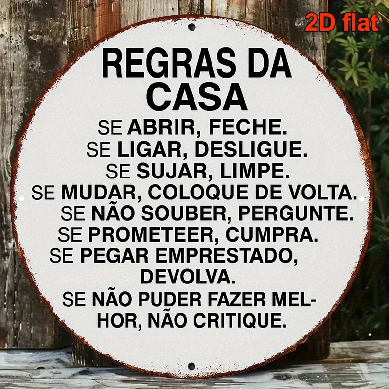 2D Flat, Round Portuguese Sign - Vintage Home Rules Plaque for Living Room, Bedroom, Kitchen, Dining Area, Study & Corridor Deco