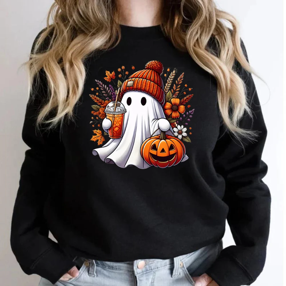 Halloween Cute Ghost Sweatshirt Pumpkin Spice Sweater Women Long Sleeve Sweatshirt Spooky Season Hoodie Trick or Treat Pullovers