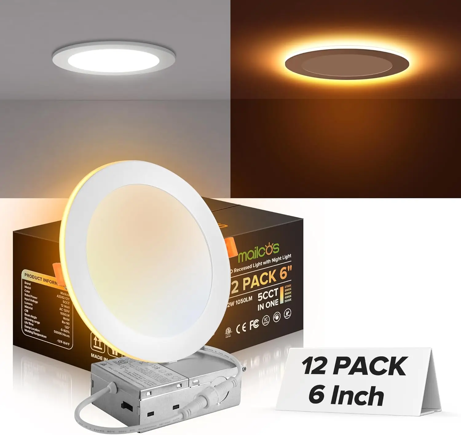 

6 Inch LED Recessed Ceiling Light with Night Light, 5 CCT Selectable, Dimmable Ultra-Thin Downlight, ETL Certified