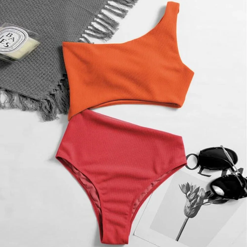 Patchwork Swimwear Women  Sexy One Piece Swimsuit Female One Shoulder Bathing Suit High Waist Hollow Monokini Swim