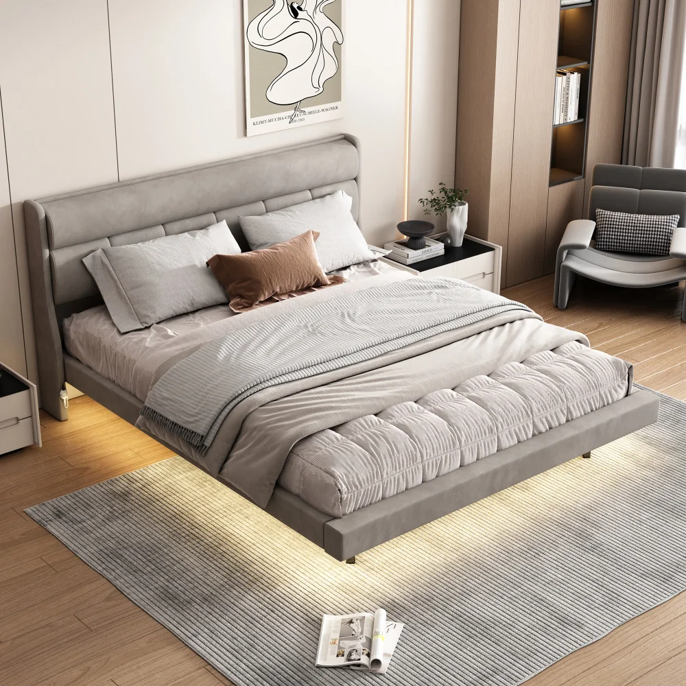 180x200cm Grey Padded bed with Human Sensor Light, Flat bed and Floating Design