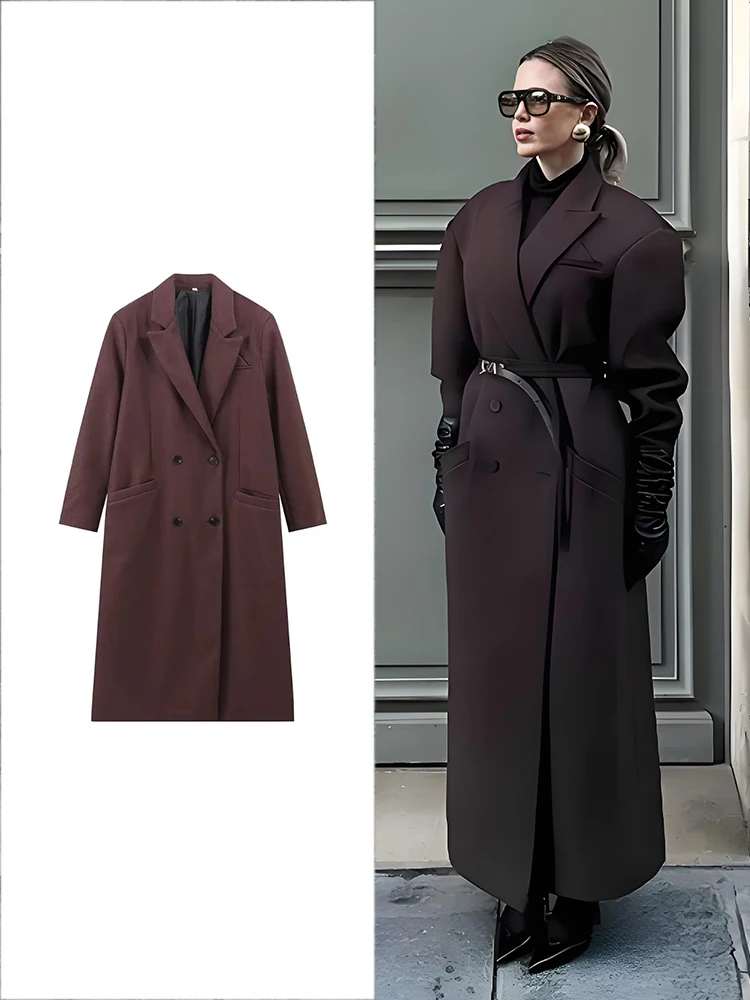 TRAF Women Fashion Solid Color Wool Lengthened Coat Elegant Warm Street Coat Autumn and Winter Retro Pocket Double-Breasted Coat