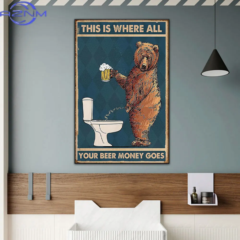 AZNM AZNM Retro Funny Wall Art Poster Prints Bear Drinking Beer in The Toilet Canvas Painting Picture For Room Home Decoration