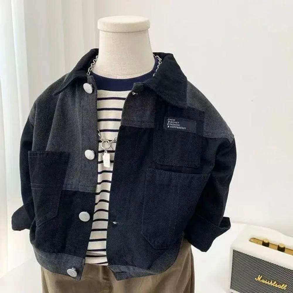 

2-9 Year Boys Jackets Spring Thin Trench Coat Denim Jacket Children's Clothes Casual Solid Color Lapel Jeans Boys Top 90-150CM