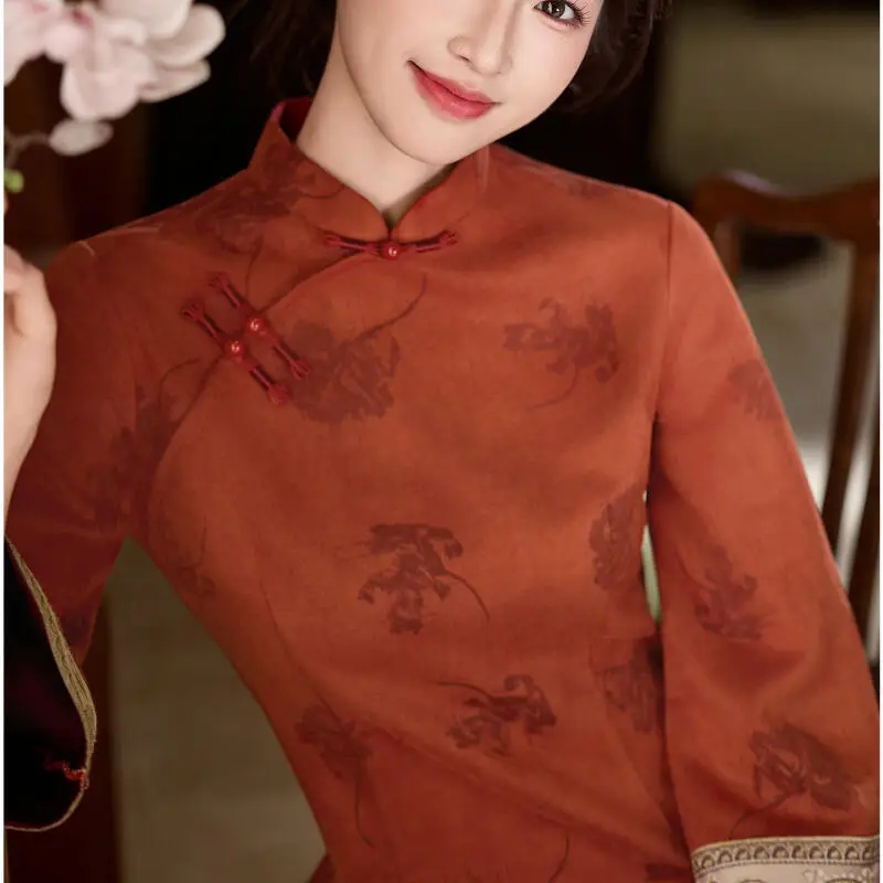 Improved New Chinese Style Dress Women Elegant Qipao Dress Suede Print Chesongam Flare Sleeve Hanfu Dress Lautumn Ong Vestidos