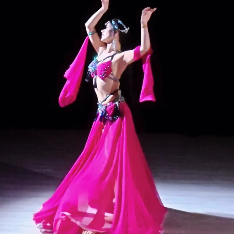 Customized Belly Dance Costumes Set Performance Dress Class Clothes Temperament Practice Dress Rose Red Tassel Performance Dress