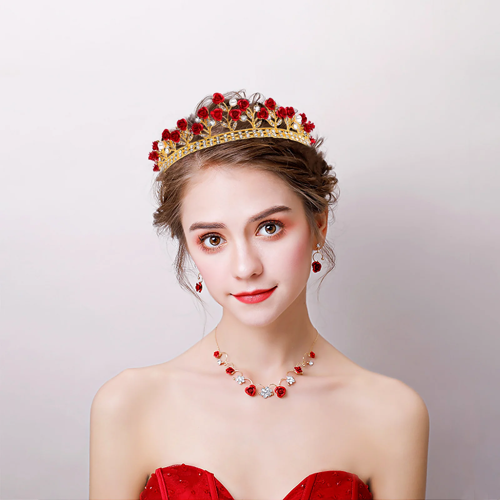 

Hair Accessories Bridesmaid Wedding Guest Dress Rose Rhinestone Crown Silver Red Womens Tiara Girl