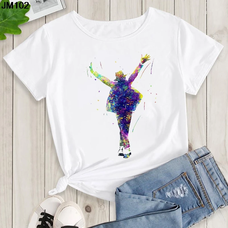 Women's Summer Shirt Pop King Michael Jackson Women's Printed Shirt Harajuku Casual White Top Women's Trendy Rock Shirt