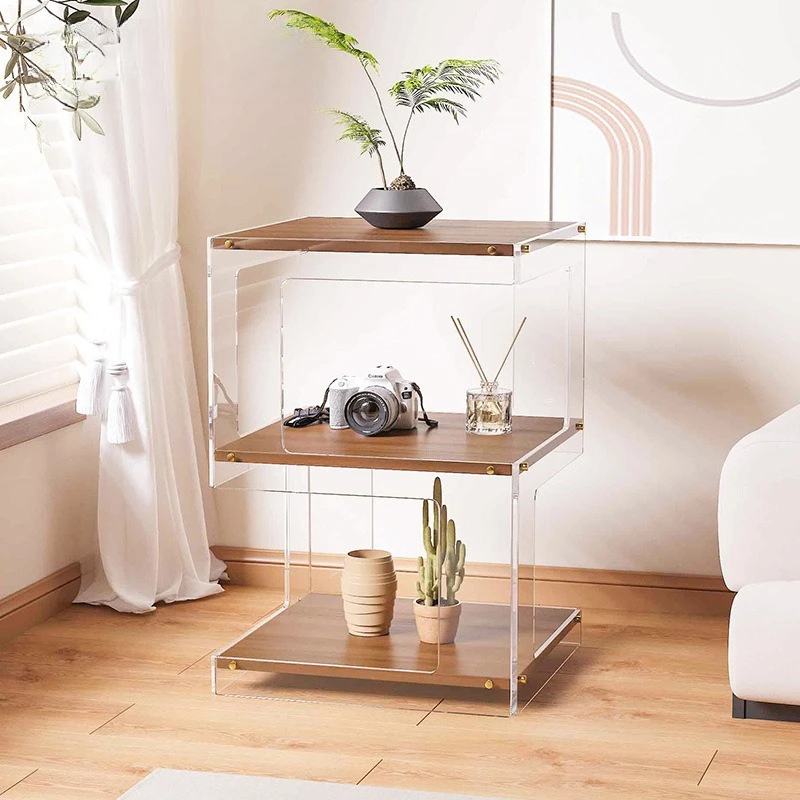 Acrylic Floor Standing 4 Tier Dustproof Storage Rack Nightstand Side Table Multi Use Organizer Bedroom Living Room Shelf Shelves