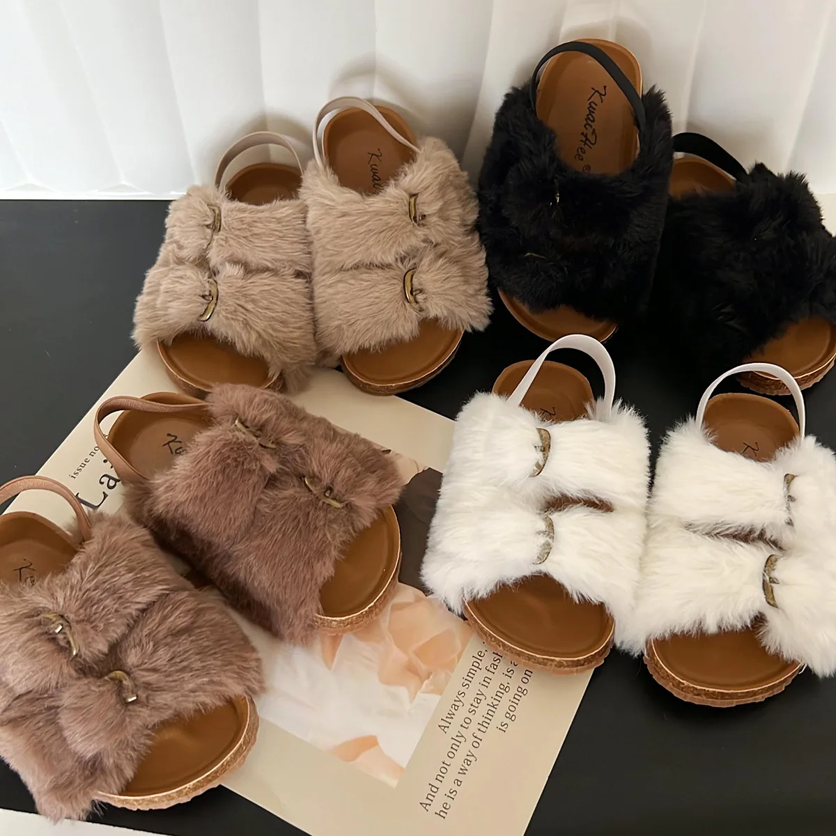 Kids Fur Slippers 2023 Toddler Boys Fashion Winter Warm Plush Beach Sandals Children Girls Flats Soft Open Toe Outdoor Slides