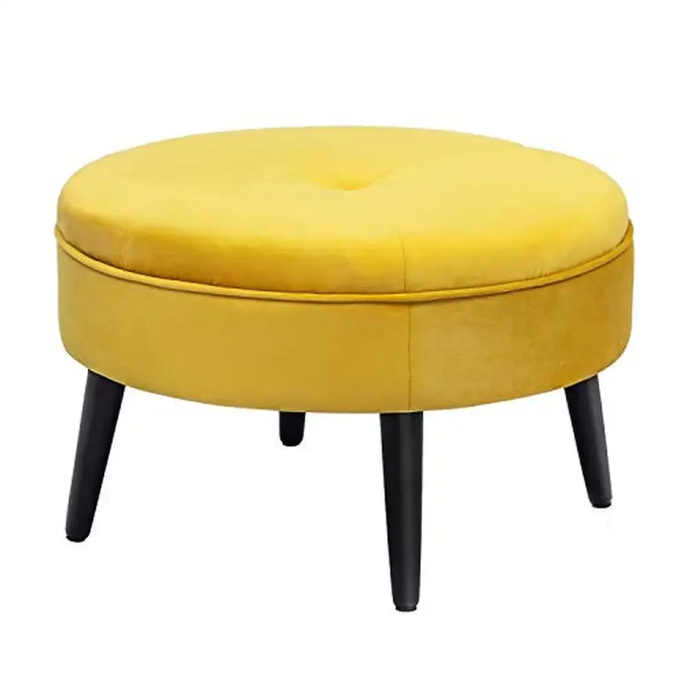 Round Velvet Footrest Stool Coffee Table Ottoman Button Tufted Padded Solid Wood Legs- 23 Inch Glassy Yellow Stylish Upholstered