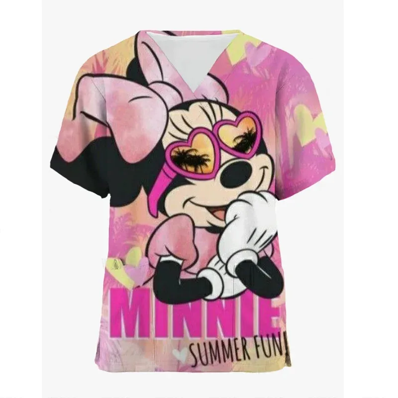 

Pocket T-shirts Mickey Nurse Uniform Top Women 2024 V Neck Tops Disney Woman Clothes Hospital T-shirt Minnie Mouse Summer Tees