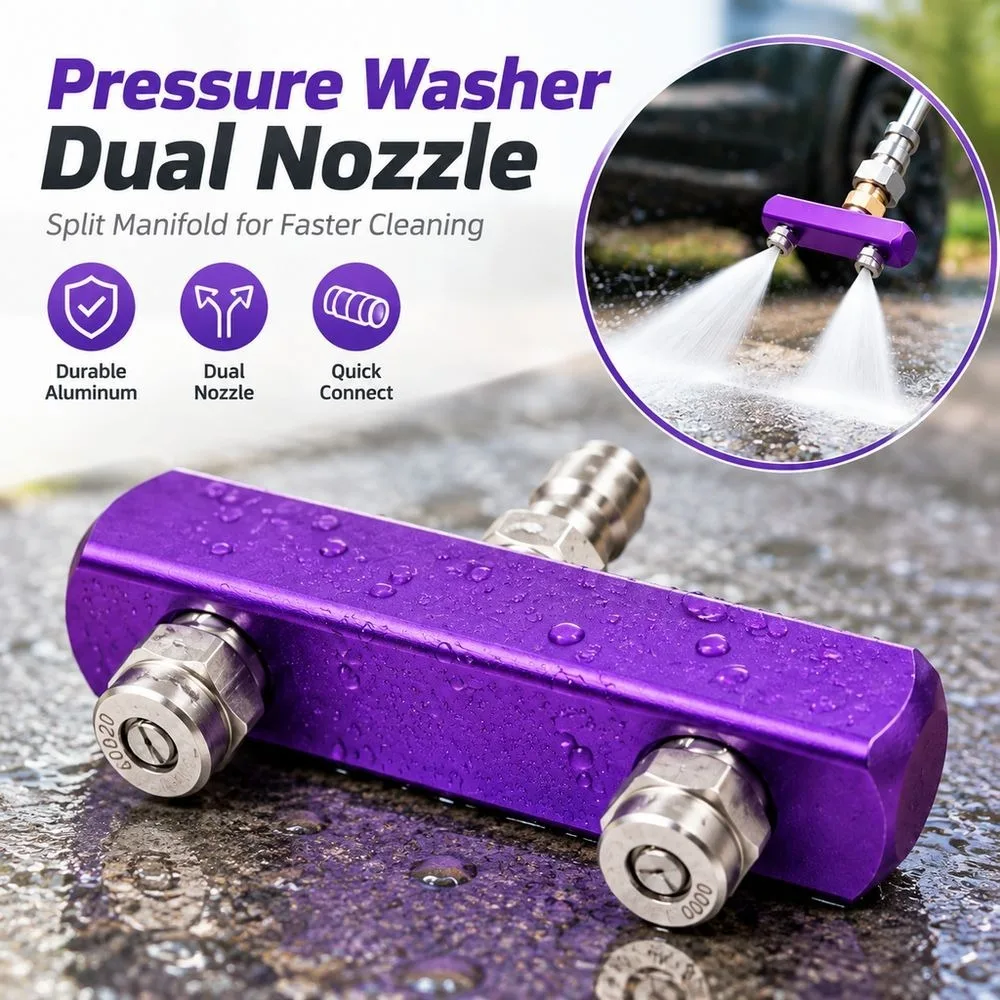 Aluminum Alloy Pressure Washer Nozzle Manifold Dual Outlet Purple Dual Spray Nozzle Splitter Quick Connector