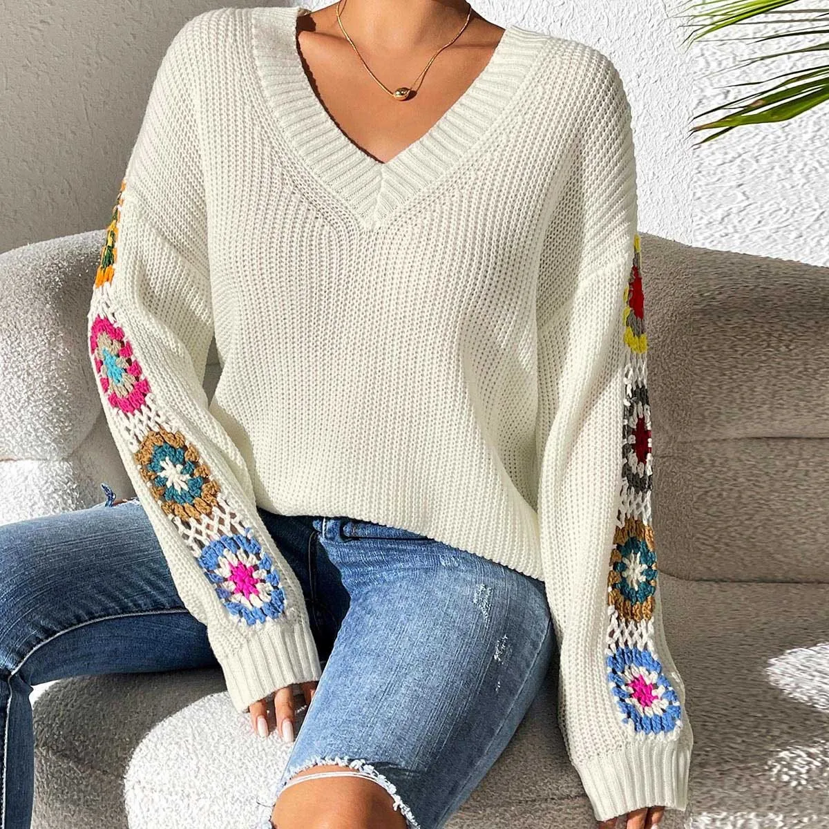 Boho Women V Neck Knitted Sweater Long Sleeve Floral Crochet Patch Hollow Out Loose Pullover Autumn Winter Ladies Knitwear Tops