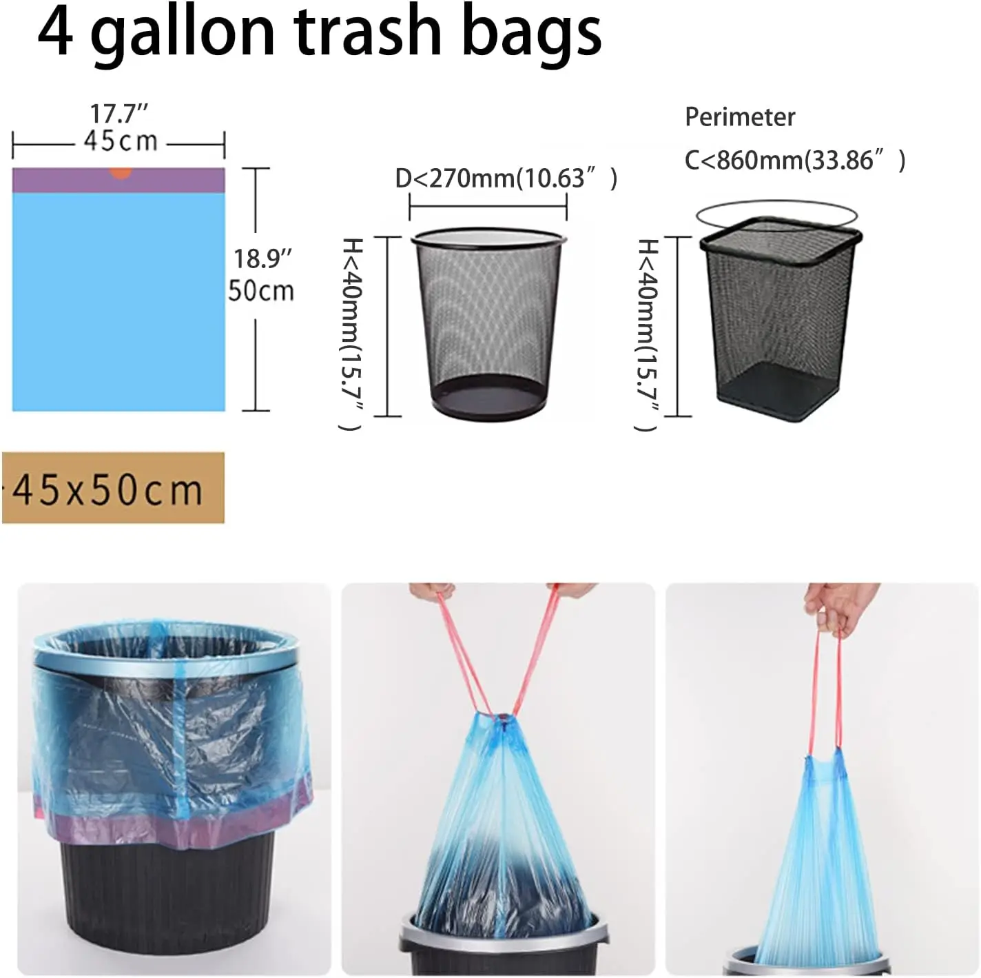 Garbage Bag with Drawstring, Trash Can, Wastebasket Liners, Plastic Bags for Bathroom, Bedroom, Office 15 Pcs per Roll, 4 Gallon