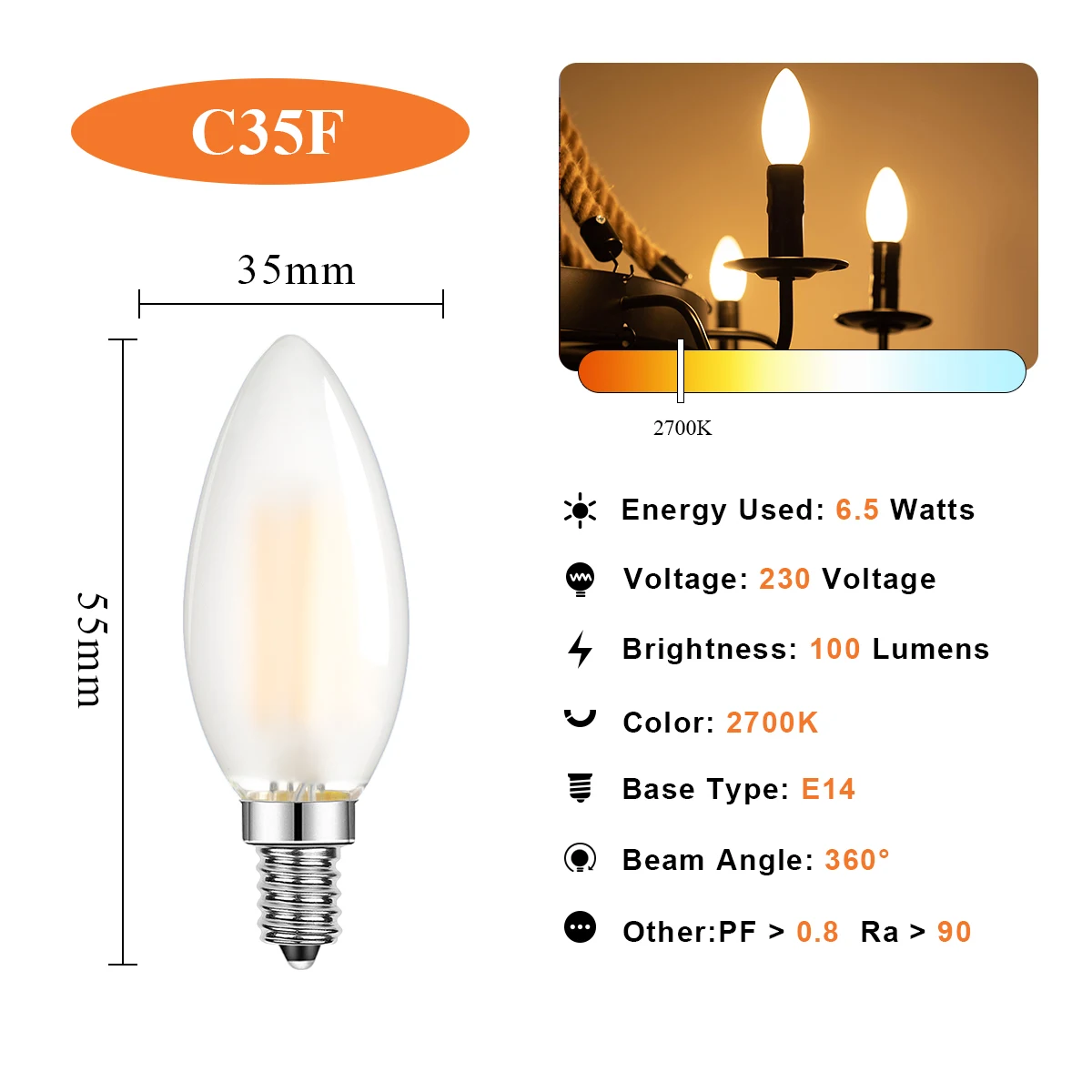 Imagem -02 - Regulável Vidro Fosco Vela Lâmpada Led C35 Vela E14 Candelbra Base Edison Vela 2700k 806 Lumens Lâmpada de Substituição do Candelabro Leitoso 65 w