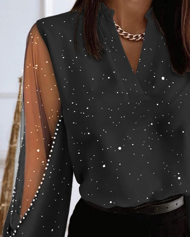 Casual Women's Tops Glitter Sheer Mesh Patchwork Top Fashion Blouses 2023 Autumn New Versatile Tee Female Pullover Women Clothes