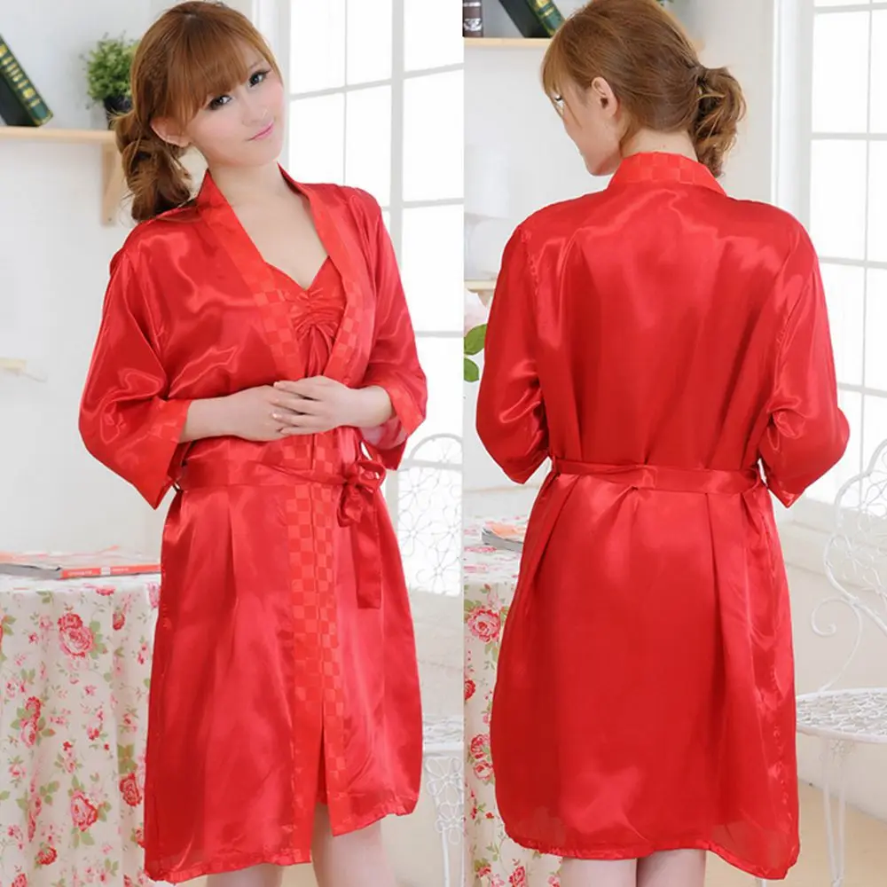 Rose Red Two-set Robes Nightgown Women New Brand Candy Colors Sexy Red Bath Robe Sleepwear Fashion Loose Large Size Silk Robe