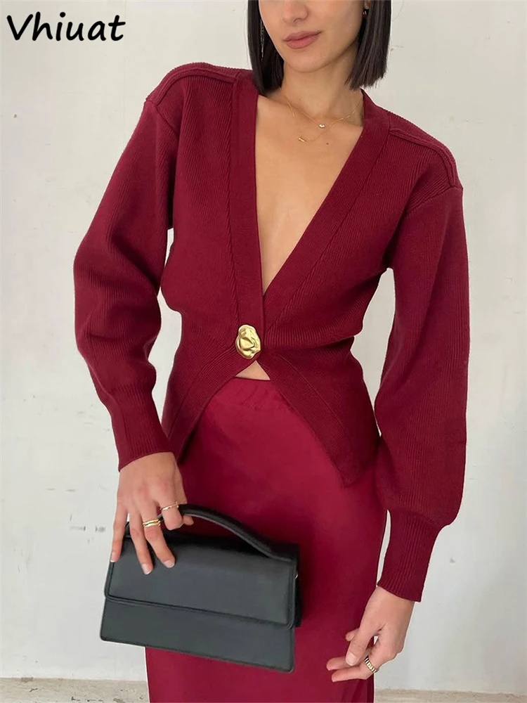

Vhiuat 2025 зимний новый свитер, кардиганы, женская одежда, шикарный трикотаж с длинным рукавом и v-образным вырезом, однотонные модные повседневные вязаные куртки