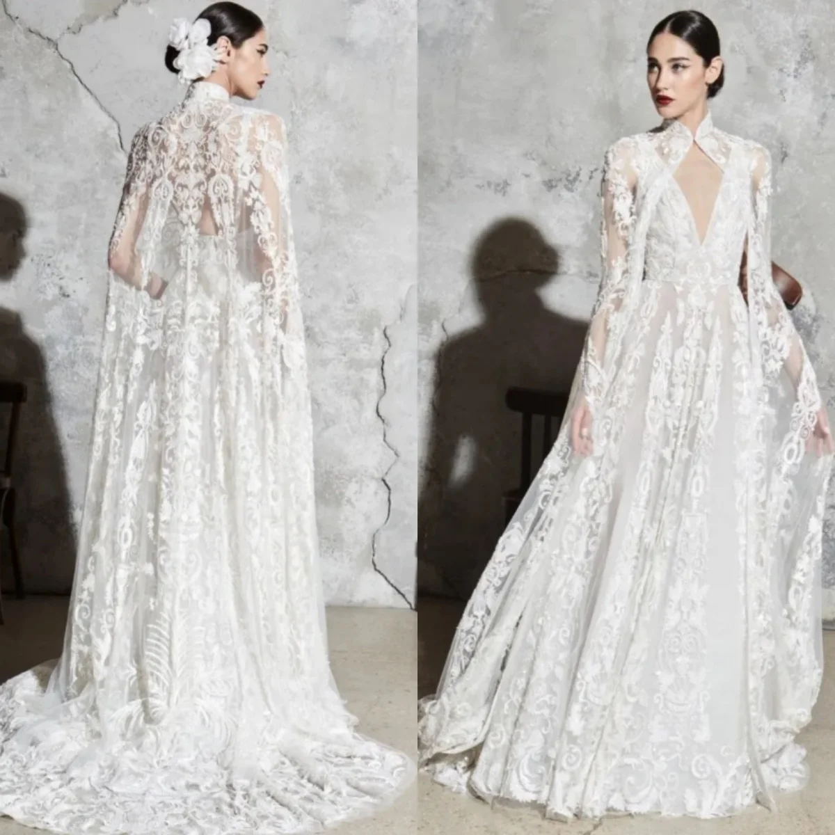 

Изысканный кружевной свадебный жакет с длинным рукавом длиной до пола, свадебная шаль с высоким воротом, свадебные аксессуары на заказ