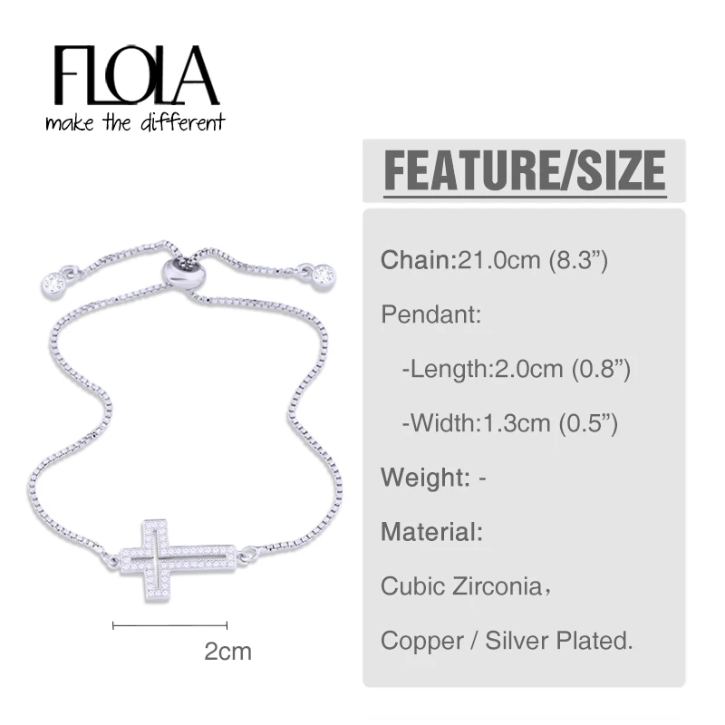 FLOLA New Cubic Zirconia Sideways Jesus Cross Bracelet Women Adjustable Gold Plated Bracelet with Cross Religious Jewelry brta17