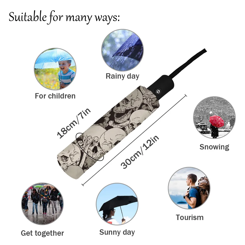 Skull Grey Art Windproof Umbrellas Travel Folding Umbrella for Female Male Eight Bone Automatic Printed Parasol