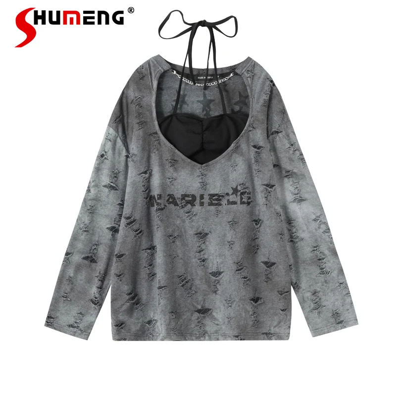 Imagem -02 - Conjunto Superior Interior de Estilingue de Duas Peças para Mulheres Camiseta de Manga Comprida Harajuku Retrô na Moda Estilo Menina Quente Y2k Estilo Ins Primavera Novo 2024