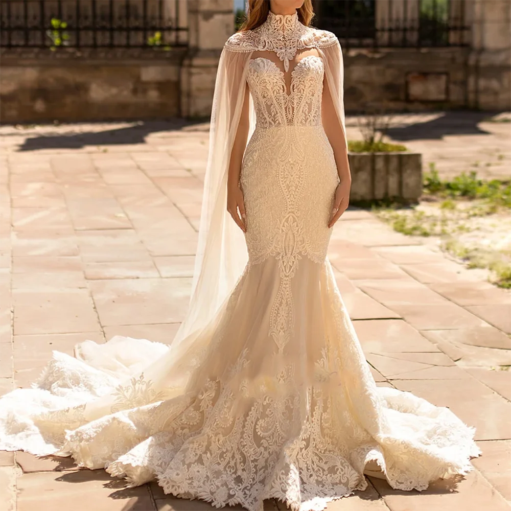 

Elegant High Appliquins Lace Tulle Mermaid Bride Wedding Dresses Bridal Gowns Customized
