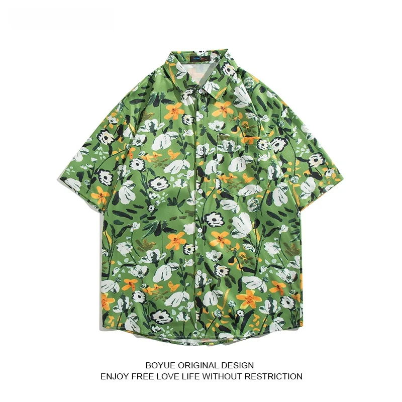 

Мужская летняя рубашка Boyue Floral: повседневная, в гавайском стиле, с коротким рукавом, для студентов, модная, с кубинским воротником, молодежная