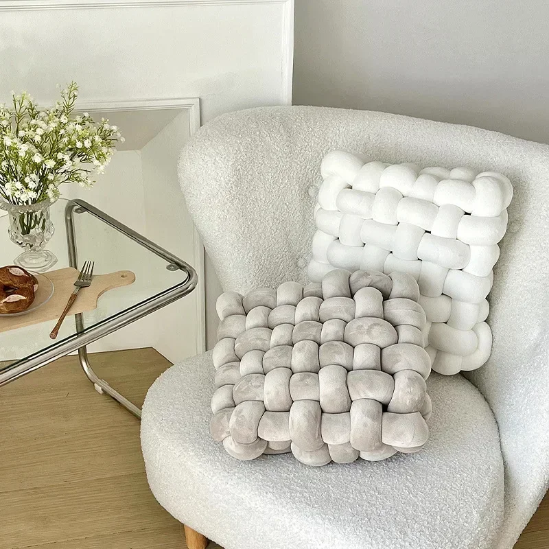 Knot Throw Pillow Square Hand-Woven Cushion Nordic Aesthetic Plush Pillow Bedroom Sofa Seat Cushion Office Sleeping Soft Pillows