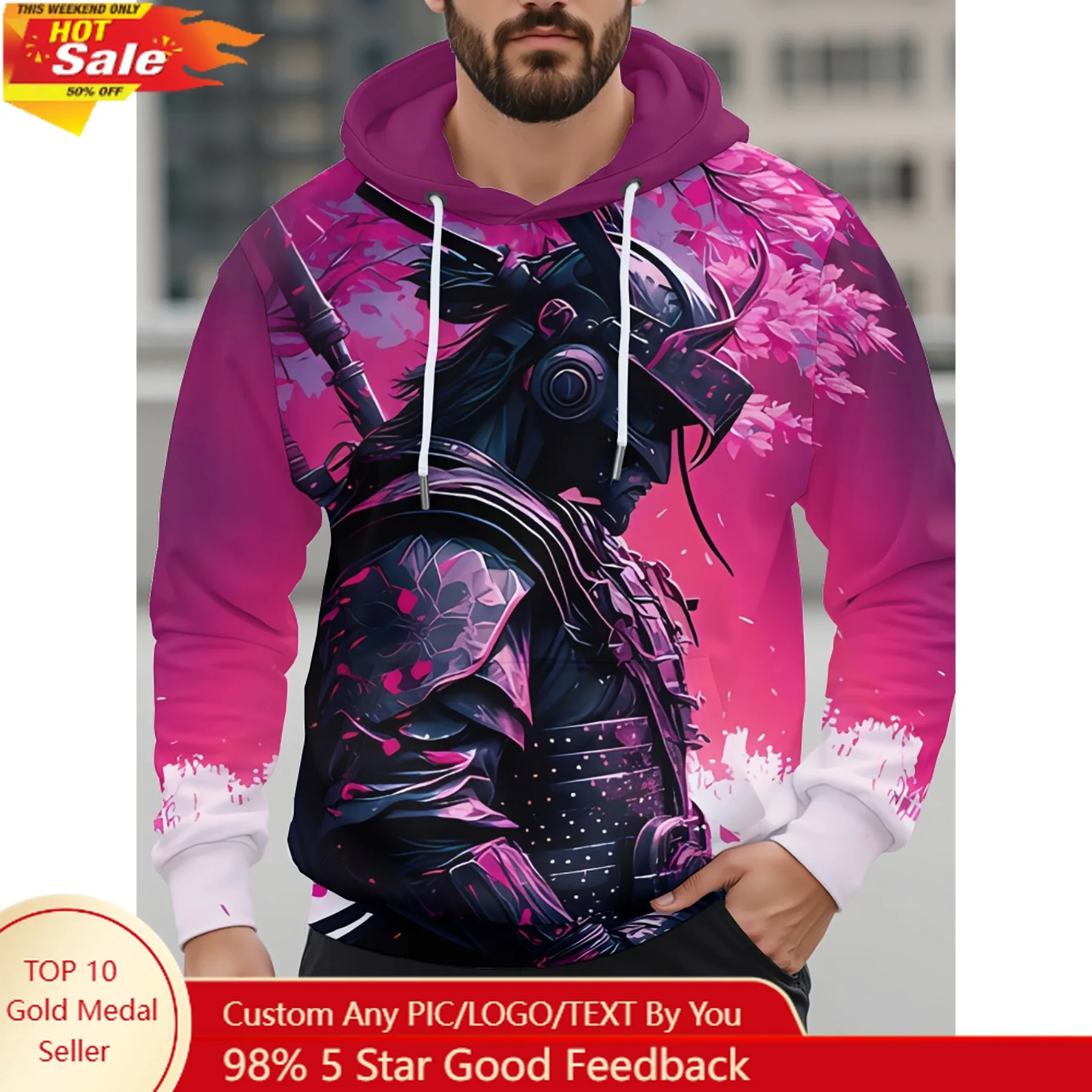 Elegante felpa con cappuccio da uomo con stampa 3D Samurai e fiori di ciliegio con tasca a marsupio - Pullover casual per la primavera e l'autunno, lavabile in lavatrice