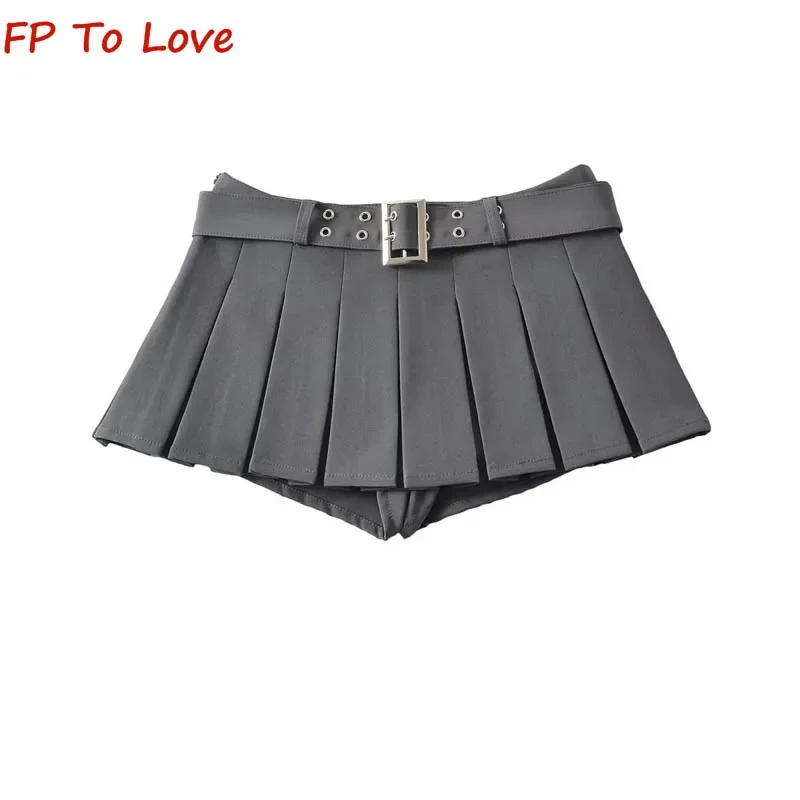 Spice Girl Y2K Design Low Waisted Skirt Pleated With Belt Street Style Anti-Shine A-Line Culottes