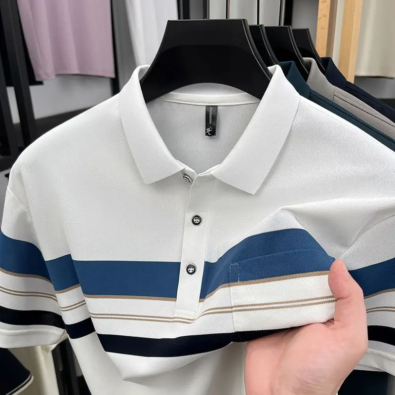 Men Business Casual Striped Polo Shirt Short Sleeve Lapel Collar Chest Pocket Button Front Summer Tops