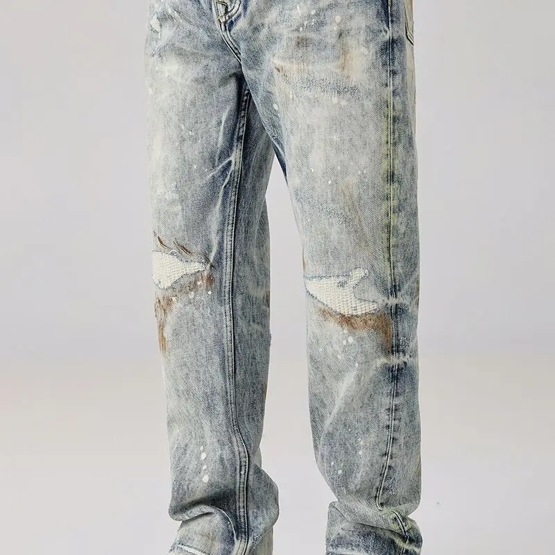 

2025 Autumn New Heavy duty Washed Scratched Retro Jeans Men with Broken Holes Trendy Straight Tube Made Old Pants