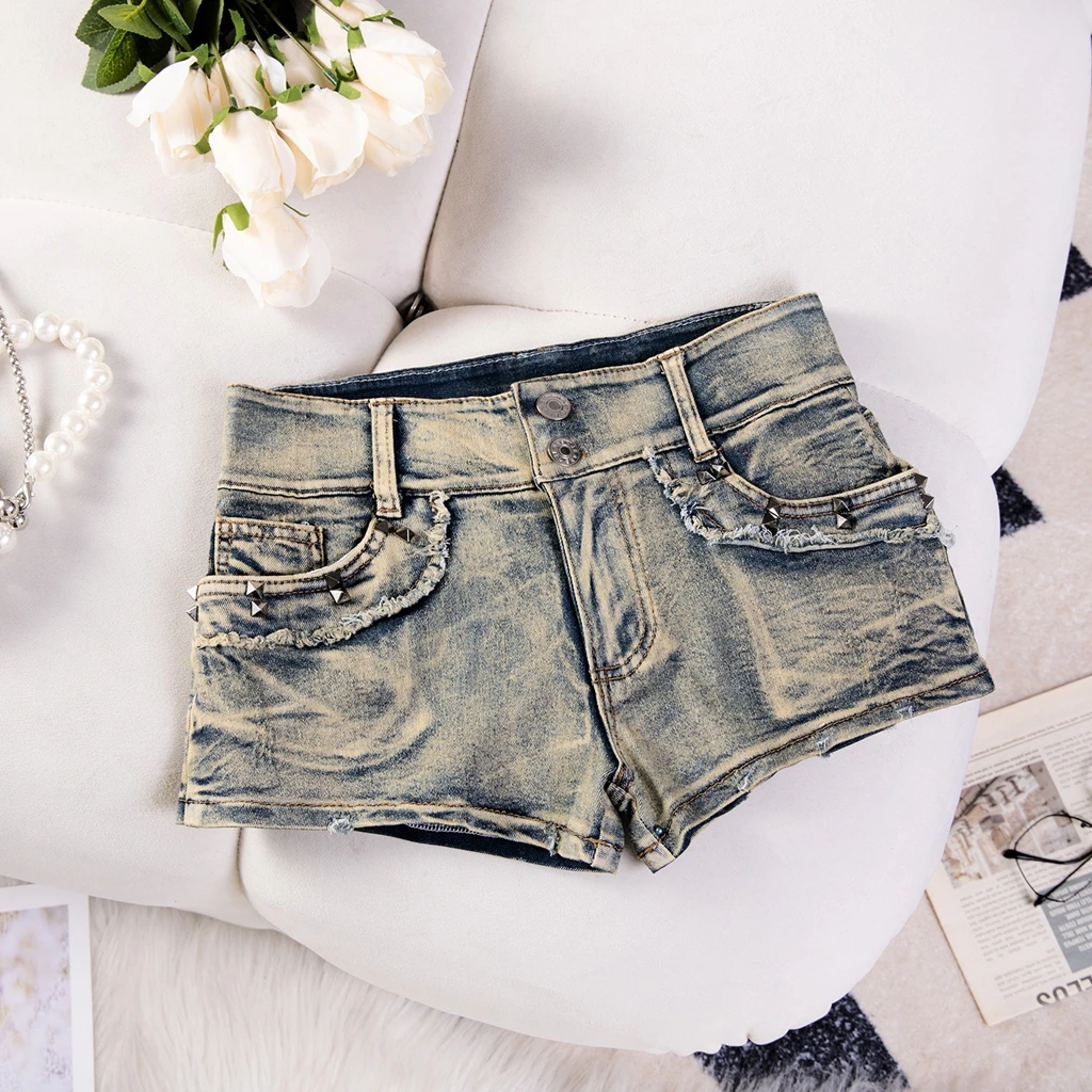

Hot Women's High-Rise Super Short Low-Waist Distressed Denim Shorts Pant Ultra Stretchy European And American Style Ripped Jeans