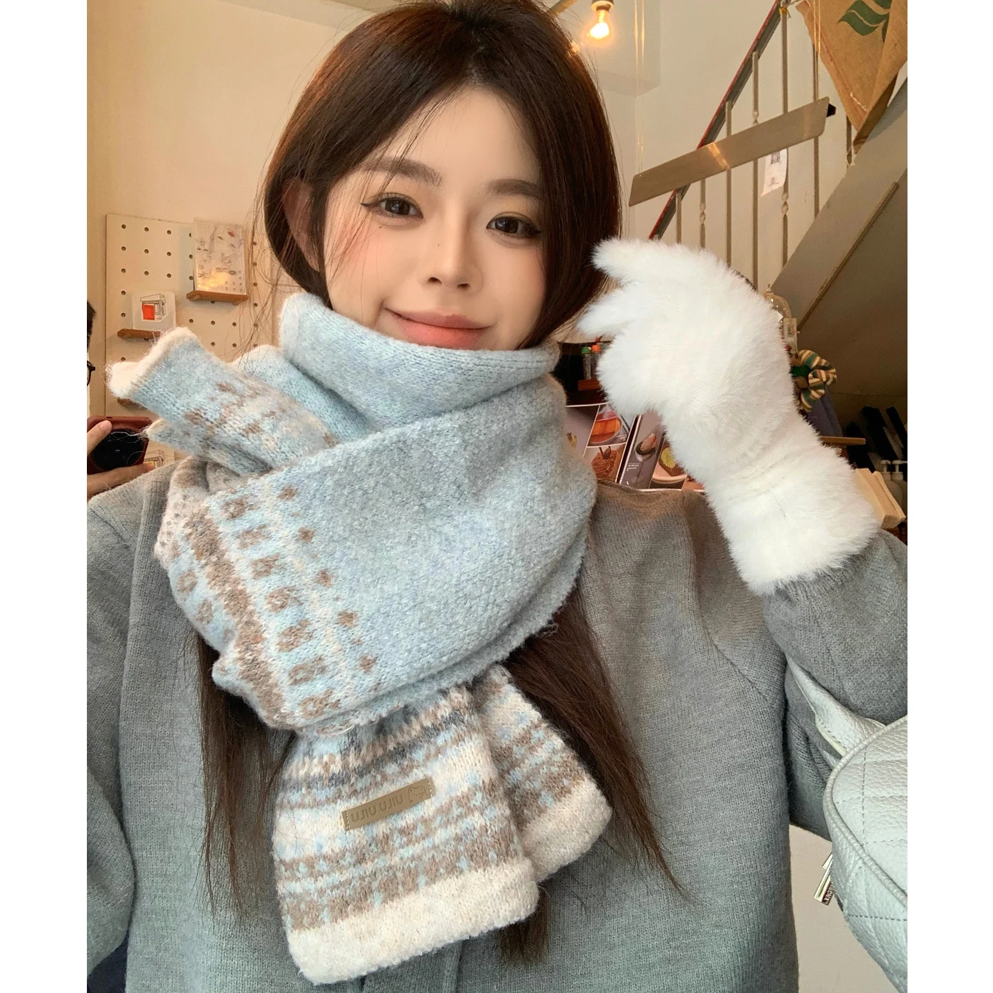 ブルーの厚手冬用スカーフ-レディース-韓国風-雰囲気のある-誕生日プレゼント-高級感-フェアアイル柄スカーフ