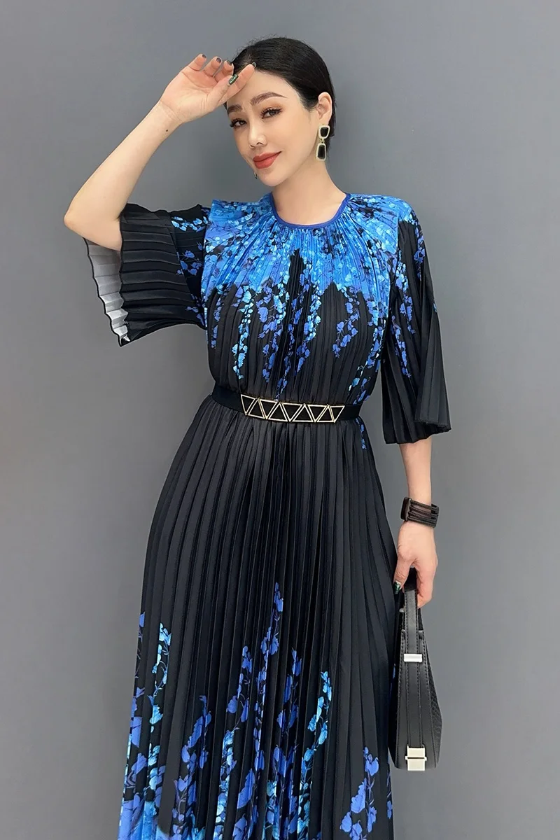 Summer New Elegant Contrast Color Printed O Neck Loose Long Dresses For Women Fashion Folds Dress Wholesale