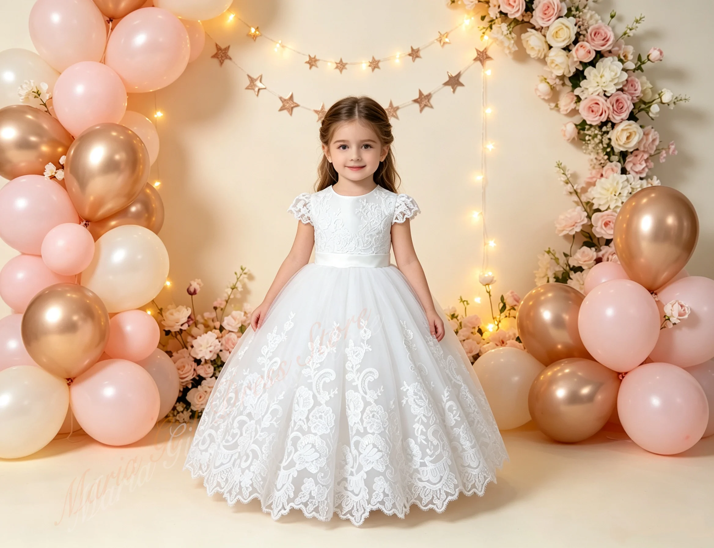 Toddler Birthday Party White Dress for Weddings Lace Puffy Cap Sleeves Suitable for Communion and Baptism Events