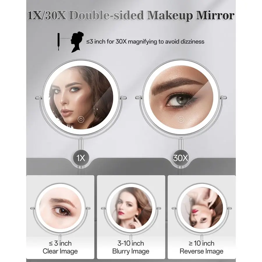 Mirror with Lights, 1X 30X Lighted Magnifying Mirror Height Adjustable, 3000mAh Rechargeable Double Sided Vanity Mirrors with 3