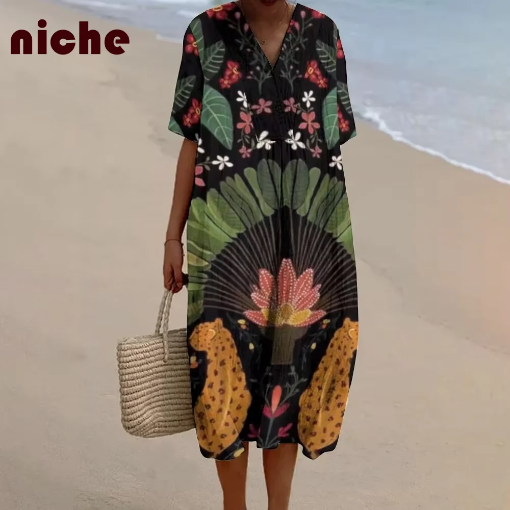 Ladies Dress Retro Flower Graphic Printing High Quality Soft Fabric Loose V-Neck Trend Fashion 2024 New Beach Long Skirt