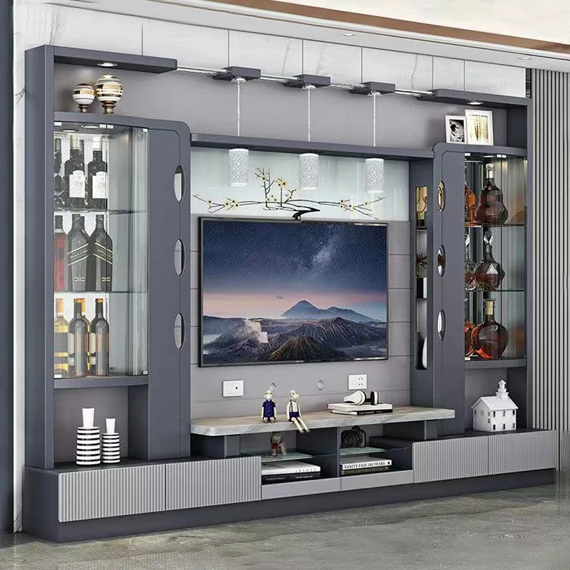 

&Wooden Home Furniture MDF TV Stand Combination Wall Display Storage Drawer Wine Rack LED Light Modern Living Room TV Cabinet
