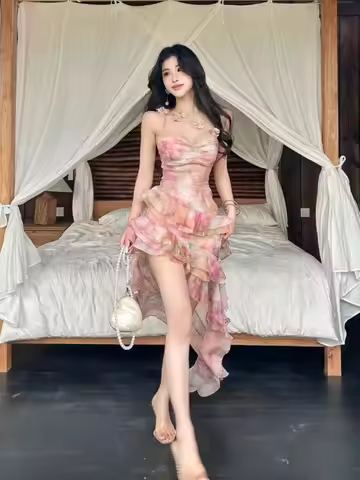 Summer Women French Vintage Ruffles Printed Floral Fairy Dress Mini Chiffon Tie Dye Frock Evening Girl One-Piece Party Dress